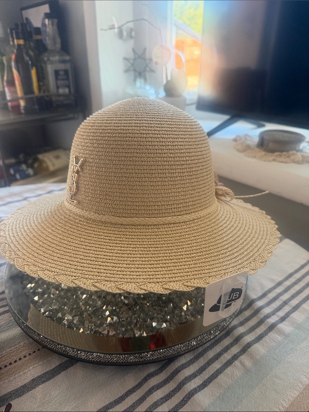 Luxury Beige Straw Sun Hat with logo NWT
